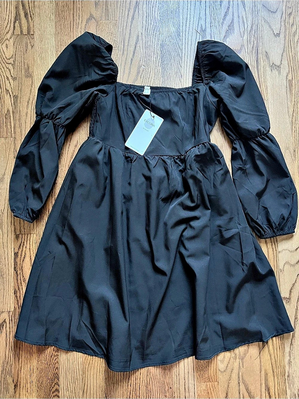 EXLURA Womens Square Neck Dress Long Puff Sleeve A-Line Casual Short Mini Dress